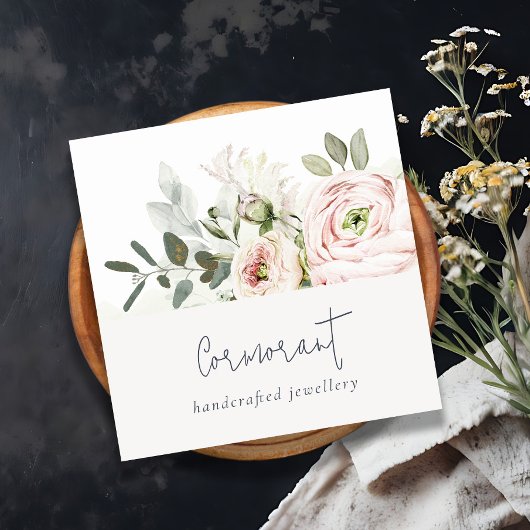 Soft Chic Blush Pink Peony Leafy Botanical Floral Quadratische Visitenkarte