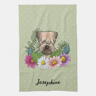 Soft-Coated Wheaten Terrier Bunte Blumen Grün Geschirrtuch