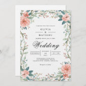 Soft Coral Blossom Rahmen Wedding Einladung (Vorne/Hinten)