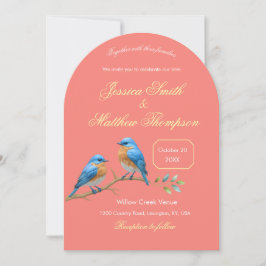 Soft Coral Bluebirds und Golden Script Wedding Einladung