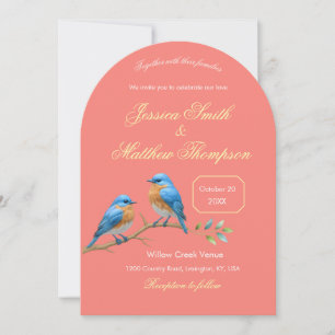 Soft Coral Bluebirds und Golden Script Wedding Einladung