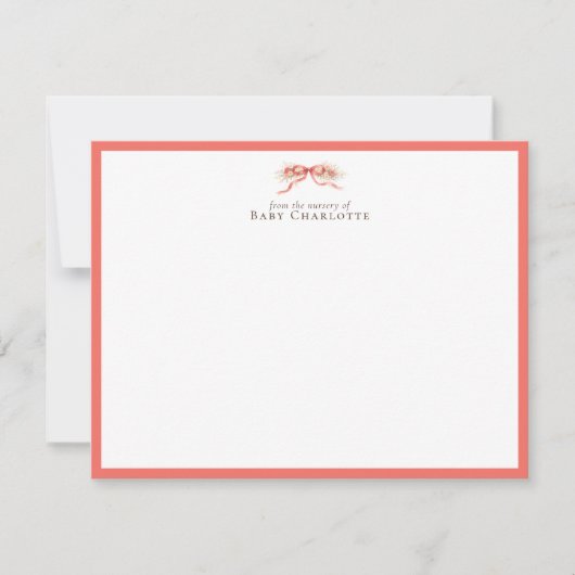 Soft Coral Bow Nursery Note Card – Personalized Mitteilungskarte (Vorderseite)