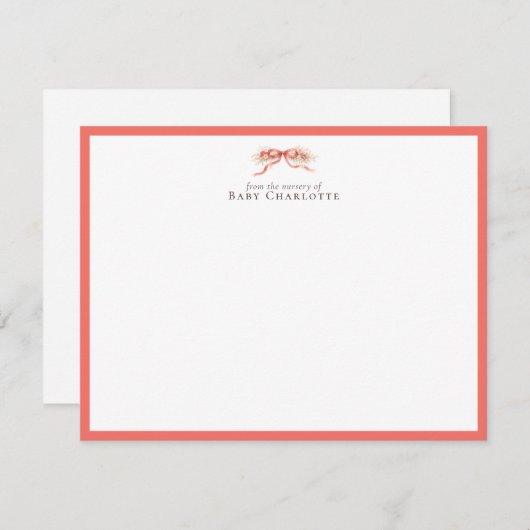 Soft Coral Bow Nursery Note Card – Personalized Mitteilungskarte (Vorne/Hinten)