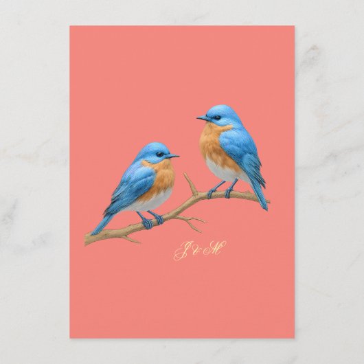 Soft Coral Lovebirds Romantic Bluebirds Wedding Begleitkarte (Rückseite)
