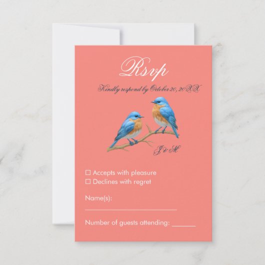 Soft Coral Lovebirds Romantic Bluebirds Wedding RSVP Karte (Vorderseite)