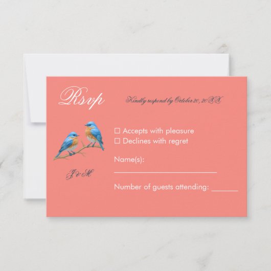 Soft Coral Lovebirds Romantic Bluebirds Wedding RSVP Karte (Vorderseite)