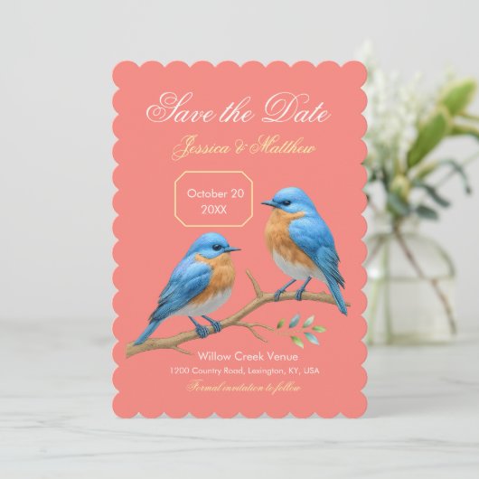 Soft Coral Lovebirds Romantic Bluebirds Wedding Save The Date (Stehend Vorderseite)