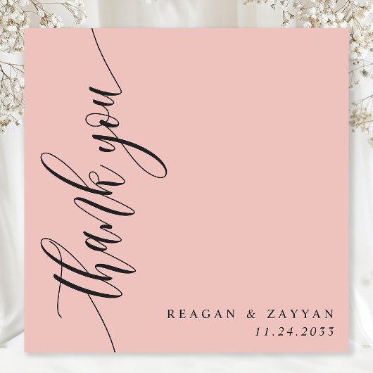 Soft Coral Pink Calligraphy Script Wedding Dankeskarte