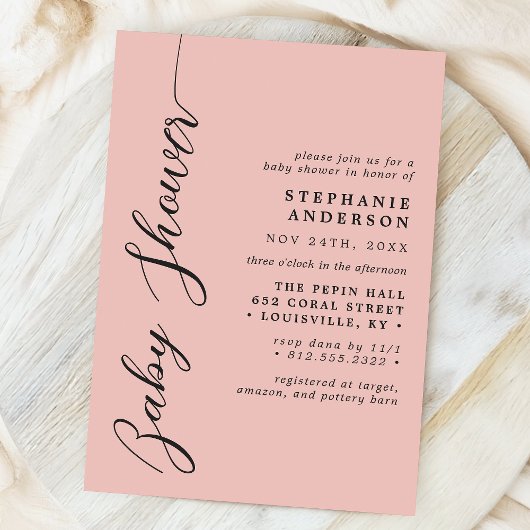 Soft Coral Simple Modern Script Baby Dusche Einladung