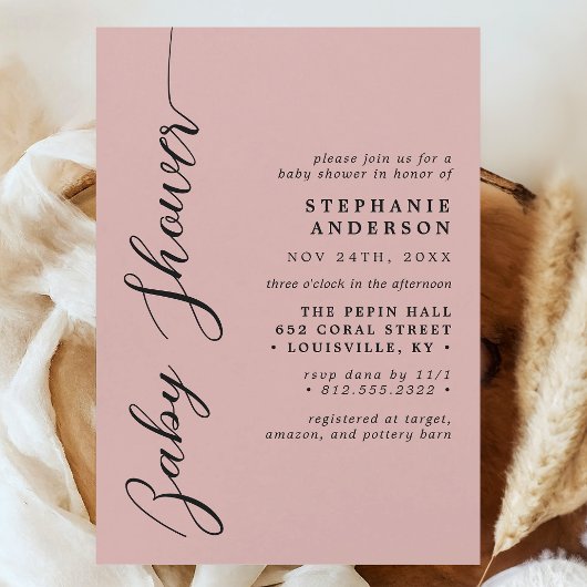 Soft Coral Simple Modern Script Baby Dusche Einladung