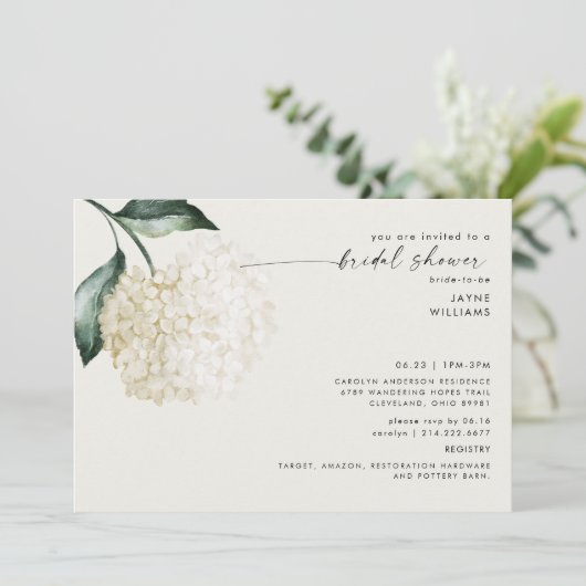 Soft Cream Hydrangea Stem Brautparty Einladung (Stehend Vorderseite)