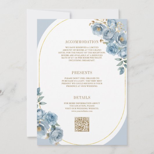 Soft Dusty Blue Floral Gold bei einer Hochzeit Einladung (Rückseite)