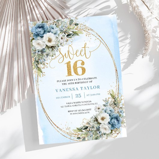 Soft Dusty Blue Floral Gold Sweet Sixteen Invite Einladung