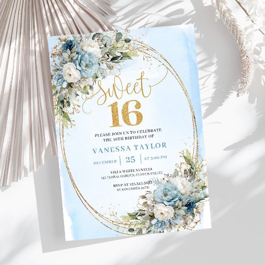 Soft Dusty Blue Floral Gold Sweet Sixteen Invite Einladung
