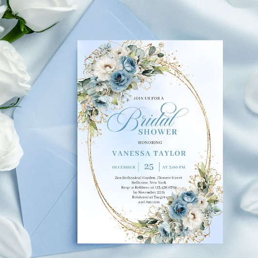 Soft Dusty Blue Floral Script Bridal Shower Invite Einladung