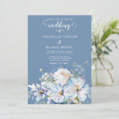 Soft Dusty Blue Ivory Floral Foto Wedding Einladung (Stehend Vorderseite)