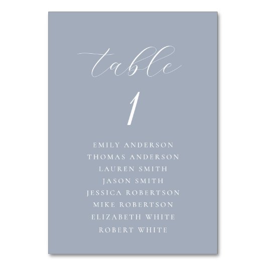 Soft Dusty Blue Wedding Seating Chart Tischnummer (Rückseite)