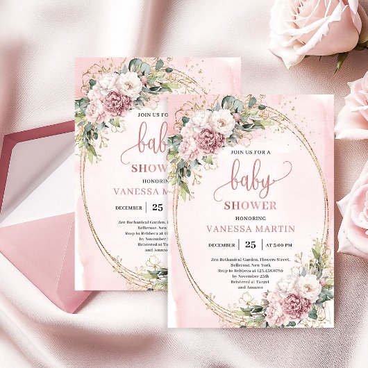 Soft Dusty Pink Flowers Eucalyptus Baby Shower Gir Einladung