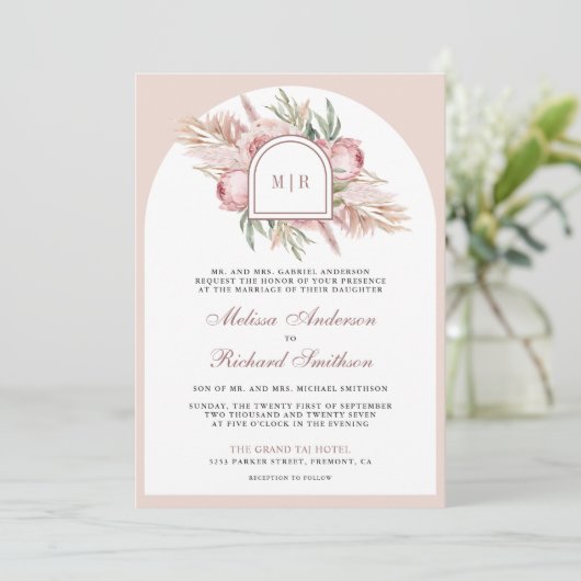 Soft Dusty Rose Pink Floral Pampas QR Code Wedding Einladung (Stehend Vorderseite)