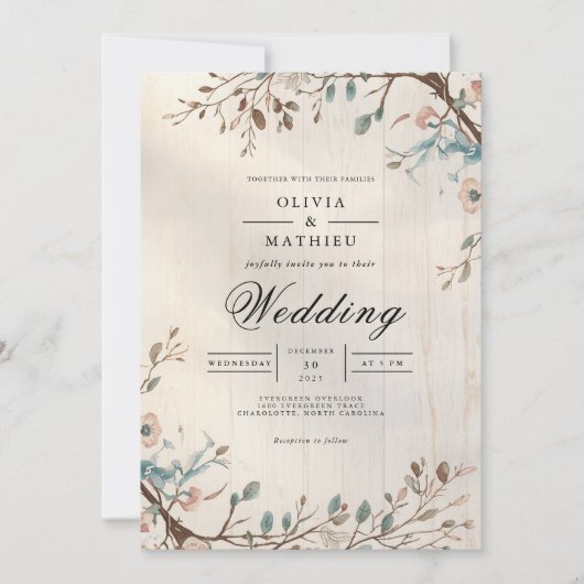 Soft Earthy Botanical Blüh Wedding Einladung (Vorderseite)