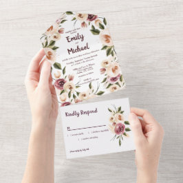 Soft Elegante Rose Burgundy Cream Frame All In One Einladung