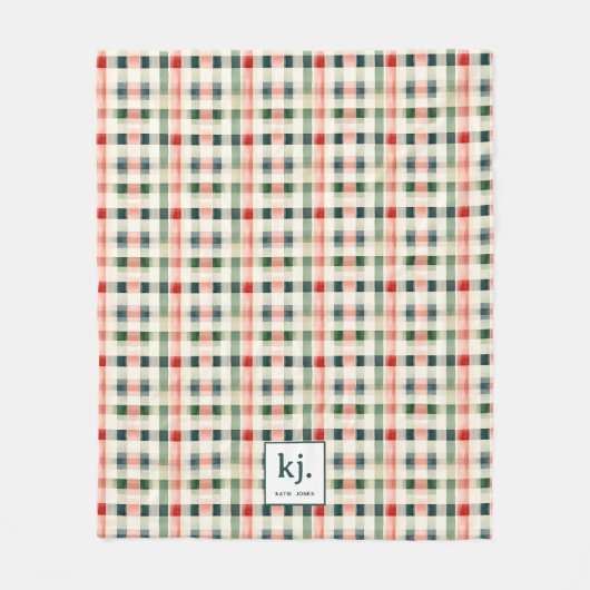 Soft Evergreen Gingham Monogram Fleecedecke (Vorderseite)