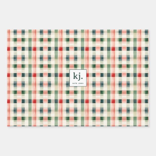 Soft Evergreen Gingham Monogram Geschenkpapier Set (Vorderseite)