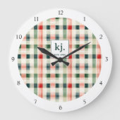 Soft Evergreen Gingham Monogram Große Wanduhr (Vorderseite)