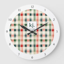 Soft Evergreen Gingham Monogram Große Wanduhr
