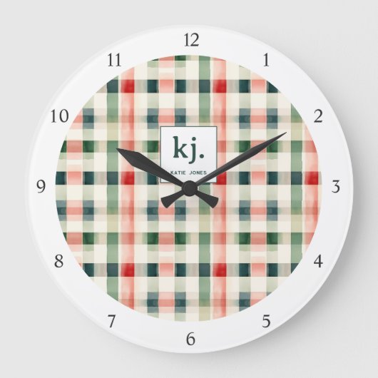 Soft Evergreen Gingham Monogram Große Wanduhr (Vorderseite)