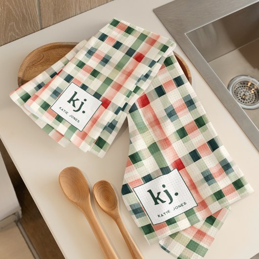 Soft Evergreen Gingham Monogram Küchentuch
