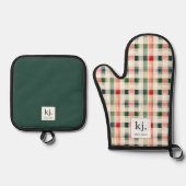 Soft Evergreen Gingham Monogram Ofenhandschuh & Topflappen-Set (Vorderseite)