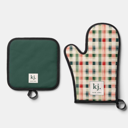 Soft Evergreen Gingham Monogram Ofenhandschuh & Topflappen-Set (Vorderseite)