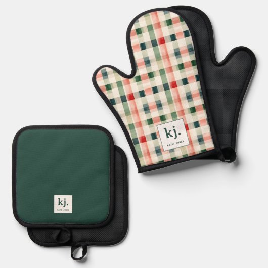 Soft Evergreen Gingham Monogram Ofenhandschuh & Topflappen-Set (Vorderseite/Rückseite)
