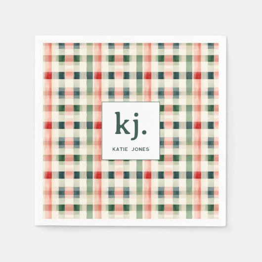 Soft Evergreen Gingham Monogram Serviette (Vorderseite)