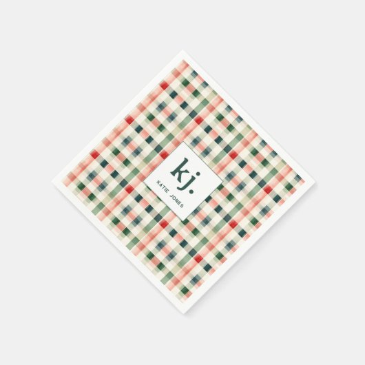Soft Evergreen Gingham Monogram Serviette (Ecke)