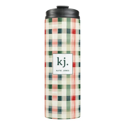 Soft Evergreen Gingham Monogram Thermosbecher (Vorderseite)