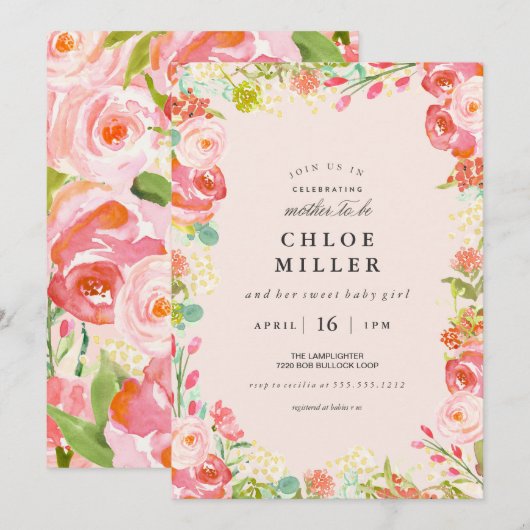 SOFT FLORAL Baby Dusche Einladung (Vorne/Hinten)