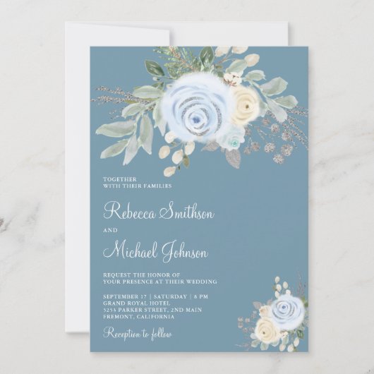 Soft Floral Bouquet Dusty Blue All in One Wedding Einladung (Vorderseite)