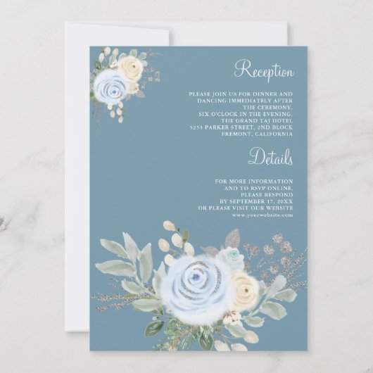 Soft Floral Bouquet Dusty Blue All in One Wedding Einladung (Rückseite)