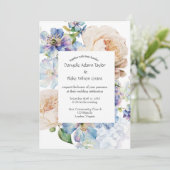 Soft Floral Dusty Blue Elfenbein Foto Hochzeit Einladung (Stehend Vorderseite)