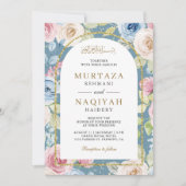Soft Floral Gold Arch QR Code Blaue muslimische Ho Einladung (Vorderseite)
