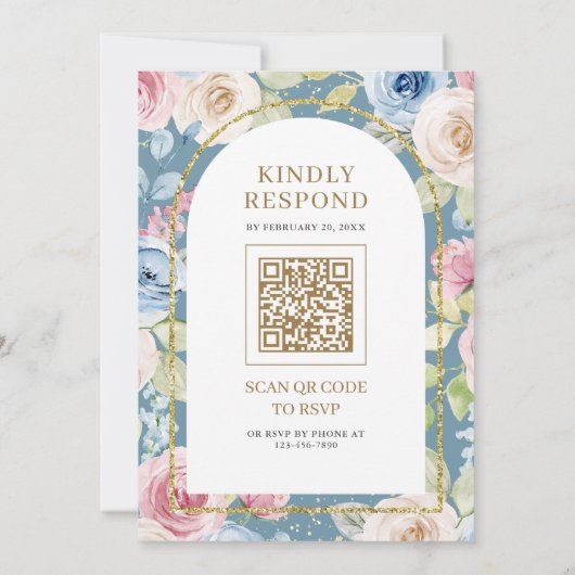 Soft Floral Gold Arch QR Code Blaue muslimische Ho Einladung (Rückseite)