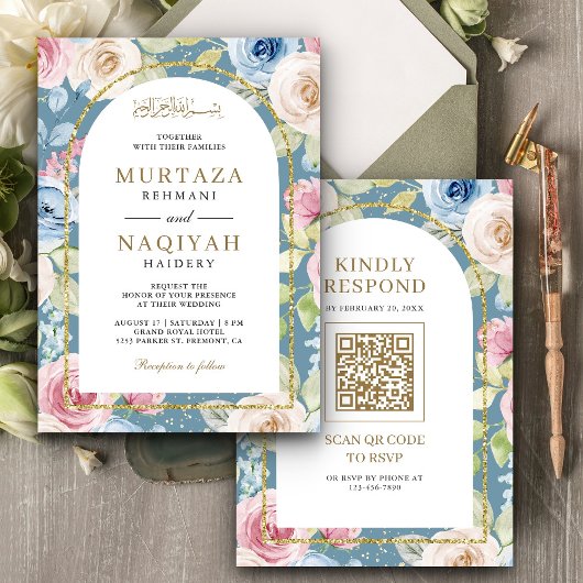 Soft Floral Gold Arch QR Code Blaue muslimische Ho Einladung