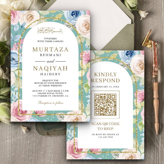 Soft Floral Gold Arch QR Code Minze muslimische Ho Einladung