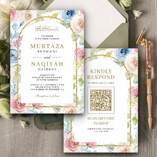 Soft Floral Gold Arch QR Code Muslime Hochzeit Einladung