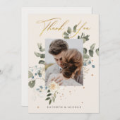 Soft Floral Gold Botanical Foliage Wedding Foto Dankeskarte (Vorne/Hinten)