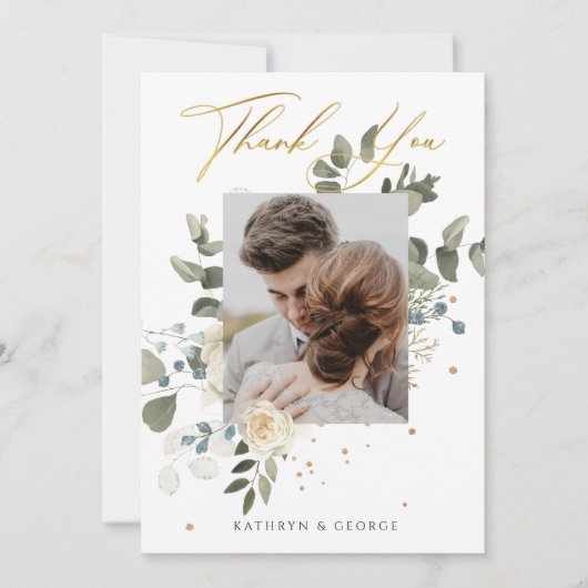 Soft Floral Gold Botanical Foliage Wedding Foto Dankeskarte (Vorderseite)