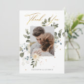 Soft Floral Gold Botanical Foliage Wedding Foto Dankeskarte (Stehend Vorderseite)