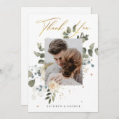 Soft Floral Gold Botanical Foliage Wedding Foto Dankeskarte (Vorne/Hinten)